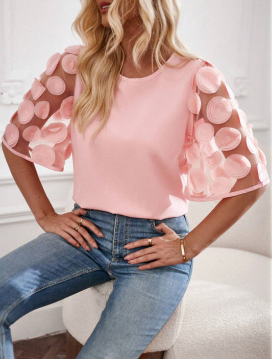 Women’s Top – Relaxed Fit – Flared Lace Sleeves – Sheer Detail – Casual Wear