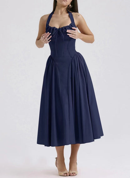 Women’s Halter Neck Dress – Slim Fit – Backless – Gathered Bodice – Flared Midi Skirt