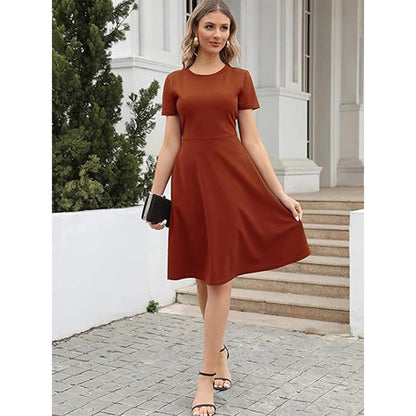 Women’s Fit and Flare Dress – Lightweight Fabric – Round Neck – Short Sleeve – Knee Length