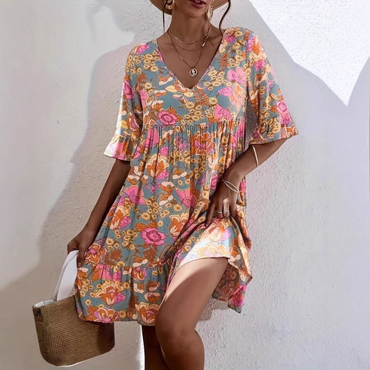 Women’s Mini Dress – Flowy A-Line Fit – V-Neck – 3/4 Ruffle Sleeve – Floral Cotton