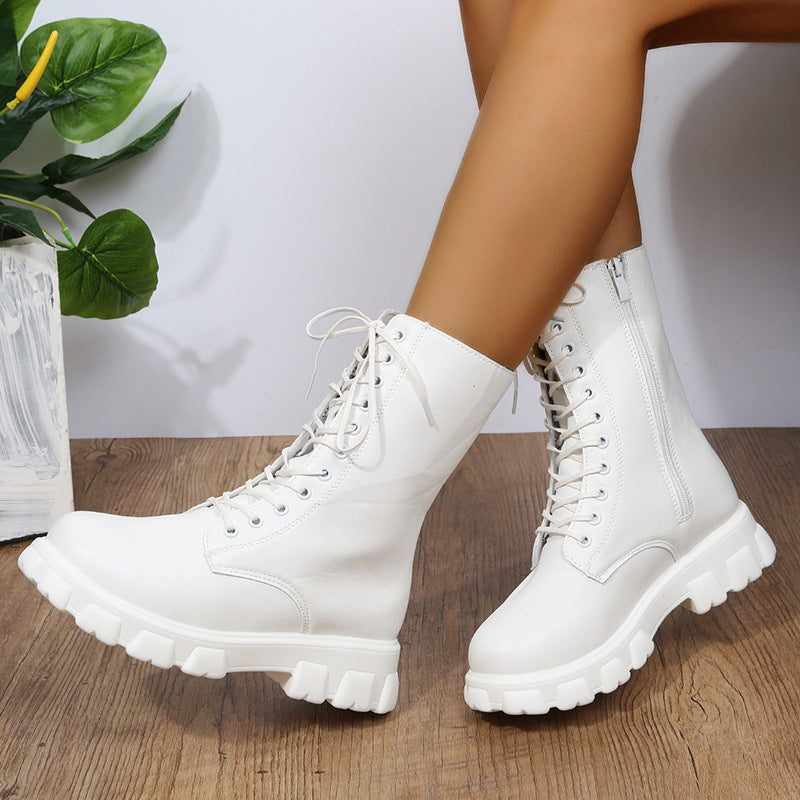Women’s Mid-Calf Boots – Faux Leather – Chunky Sole – Lace-Up with Side Zip