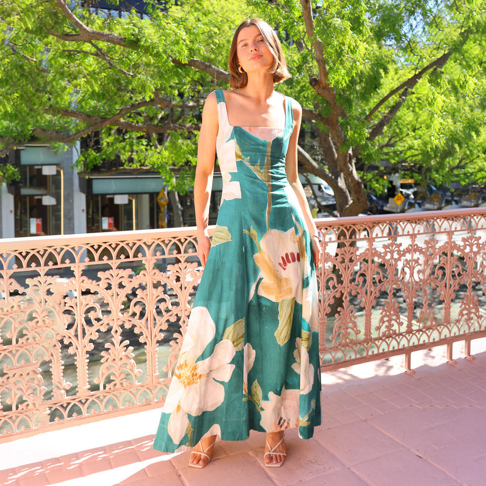 Women’s Maxi Dress – Cotton Blend – Sleeveless – Square Neck – Vintage Floral Print