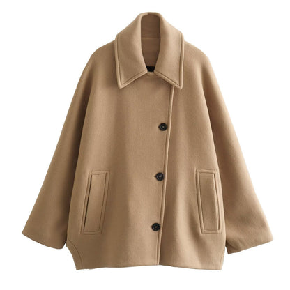 Women’s Wool Jacket – Oversized Fit – Button Front – Wide Collar – Hip Length Casual