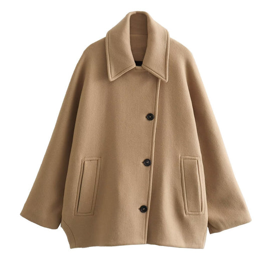 Women’s Wool Jacket – Oversized Fit – Button Front – Wide Collar – Hip Length Casual
