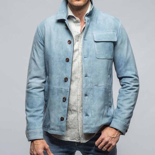 Men’s Slim Fit Jacket – Brushed Suede Feel – Button Front – Chest Flap Pocket