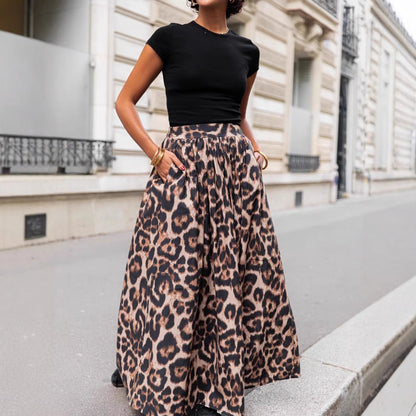 Women’s Pleated Maxi Skirt – Flared Fit – Flowing Lightweight Fabric – Leopard Print