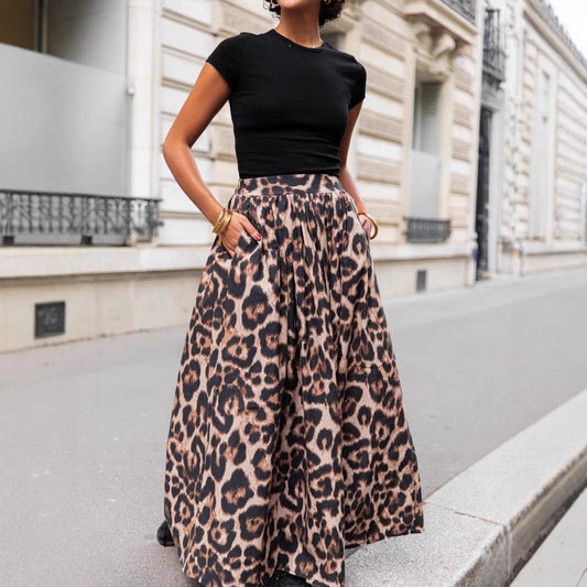 Women’s Pleated Maxi Skirt – Flared Fit – Flowing Lightweight Fabric – Leopard Print