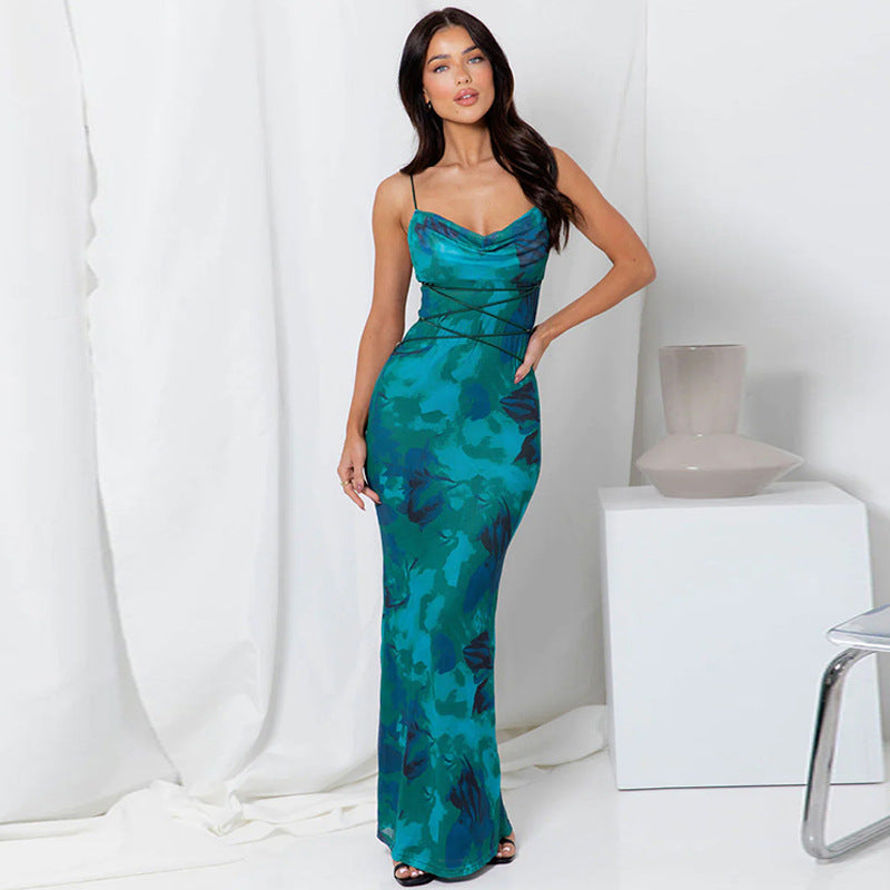 Women’s Sleeveless Dress – Slim Fit – Cowl Neck – Open Back – Floral Print – Maxi Length