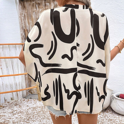 Women’s Blouse – Loose Fit – V-Neck – Batwing Sleeve – Geometric Print Casual Top