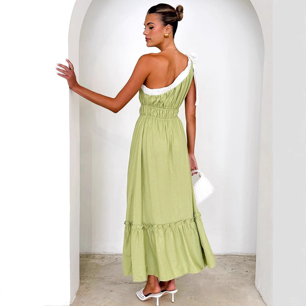 Women’s One-Shoulder Dress – Cotton Blend – A-Line Fit – Midi Length – Ruffle Hem