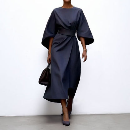 Women’s Long Dress – Satin Feel – Batwing Sleeve – Fitted Waist – Draped Silhouette