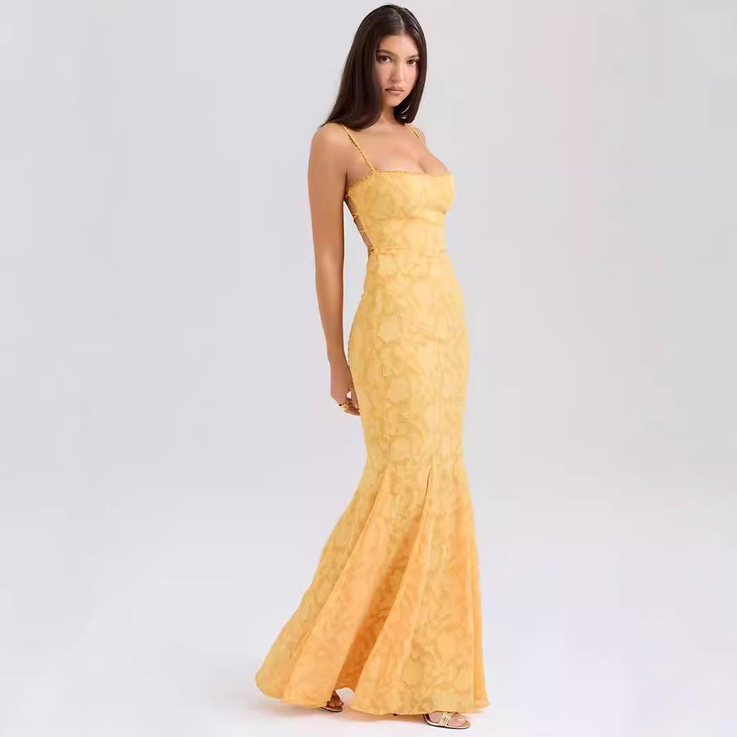 Women’s Maxi Dress – Slim Fit – Lace Detail – Spaghetti Straps – Formal Occasion Wear