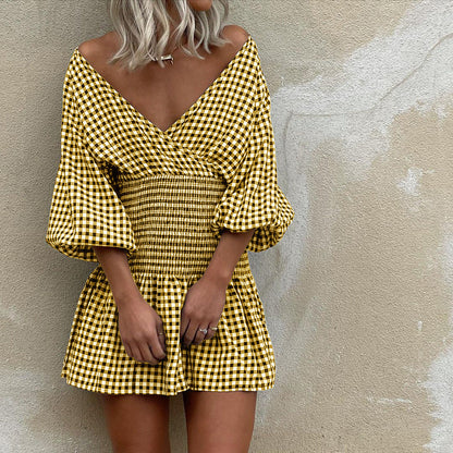 Women’s Mini Dress – Cotton Blend – V-Neck – Puff Sleeves – Gingham – Elastic Waist