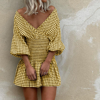 Women’s Mini Dress – Cotton Blend – V-Neck – Puff Sleeves – Gingham – Elastic Waist