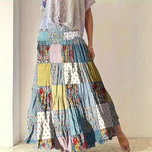 Women’s Maxi Skirt – Patchwork Pattern – Relaxed Fit – Elastic Waist – Cotton Blend