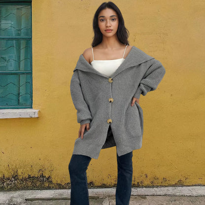 Women’s Oversized Cardigan – Knitted Wool – Thigh Length – Button Front – Pockets