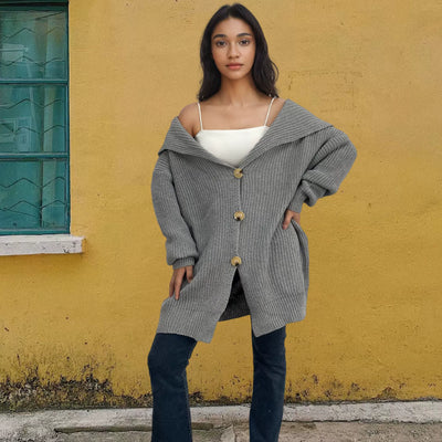 Women’s Oversized Cardigan – Knitted Wool – Thigh Length – Button Front – Pockets