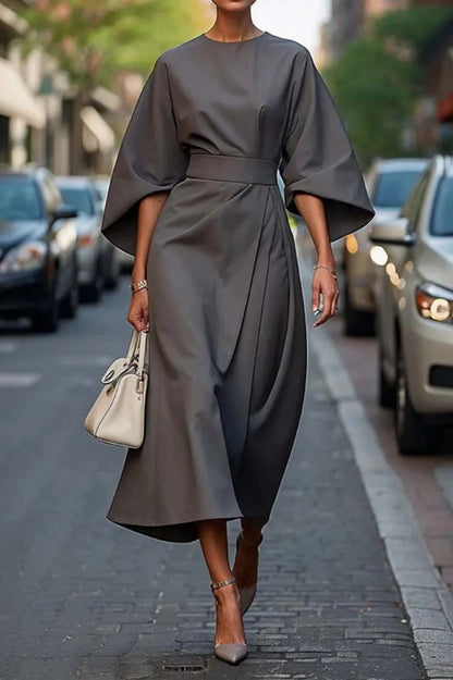 Women’s Long Dress – Satin Feel – Batwing Sleeves – Draped Fit – Waist Belt