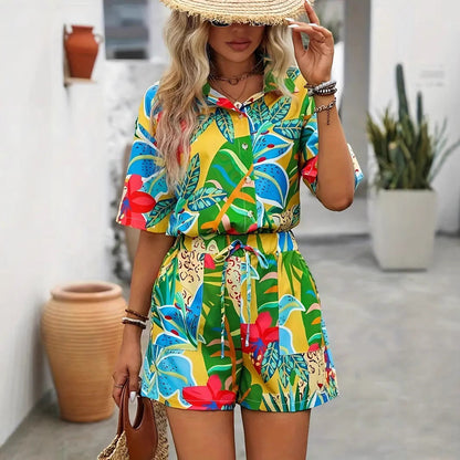Women’s Shirt and Shorts Set – Relaxed Fit – Breathable Fabric – Tropical Print