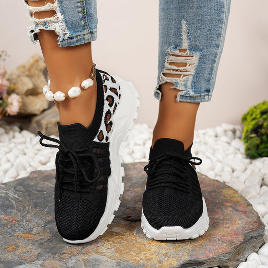 Women’s Athletic Sneakers – Flyknit Upper – Low-Top – Wave Sole – Animal Print