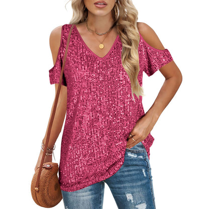 Women’s V-Neck Top – Sequin Front – Cold Shoulder – Relaxed Fit – Short Sleeve