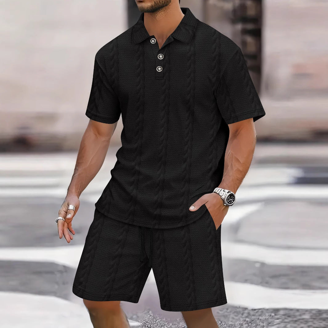 Men’s Shirt and Bermuda Shorts Set – Relaxed Fit – Knit Texture – Button Front – Polo Collar