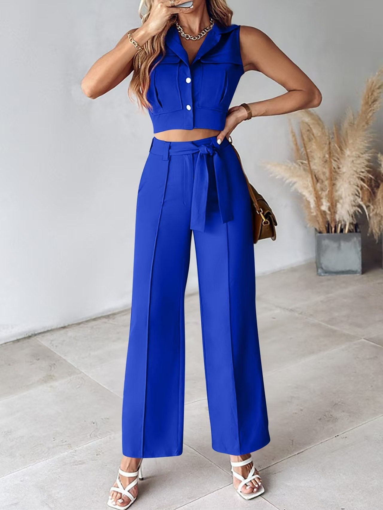 Women’s Pant Set – Sleeveless Crop Top – Wide Leg High Waist Trousers – Belted Waist