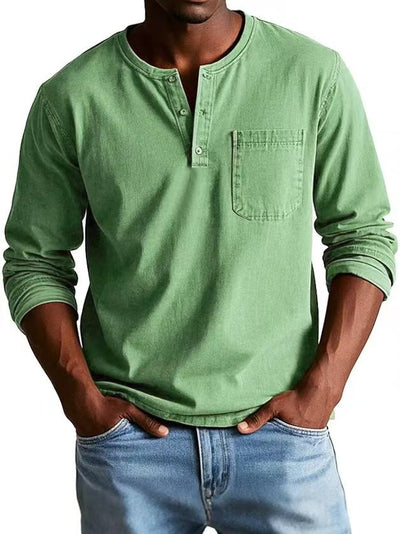 Men’s Long Sleeve T-Shirt – Slim Fit – Breathable Blend – Button Neck with Pocket