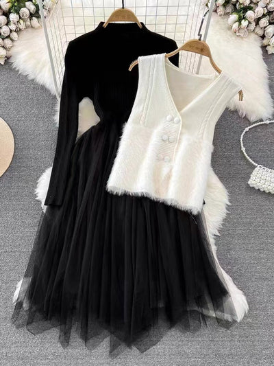 Women’s Two-Piece Midi Dress Set – Ribbed Knit Top – Sleeveless Vest – Mesh A-Line Skirt