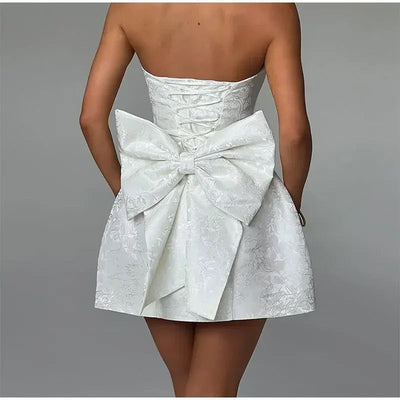 Women’s Mini Dress – Jacquard Fabric – Strapless Sweetheart Neck – Back Bow Detail