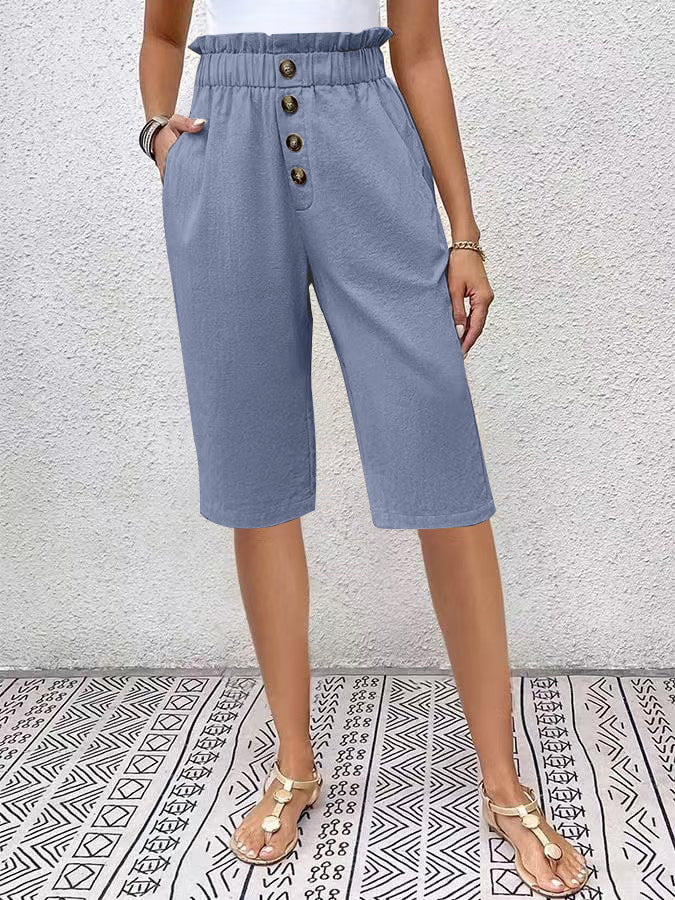 Women’s Linen Shorts – High Waist Paperbag – Relaxed Fit – Button Front – Knee Length