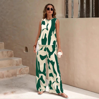 Women’s 2-Piece Set – Sleeveless Top & Wide-Leg Trousers – Relaxed Fit – Breathable Blend