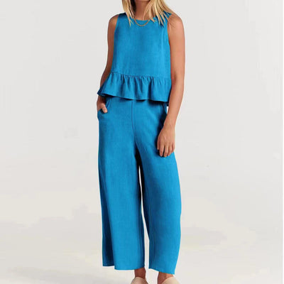 Women’s Set - Peplum Top – Lightweight Cotton Blend – Relaxed Fit – Wide Leg Pants
