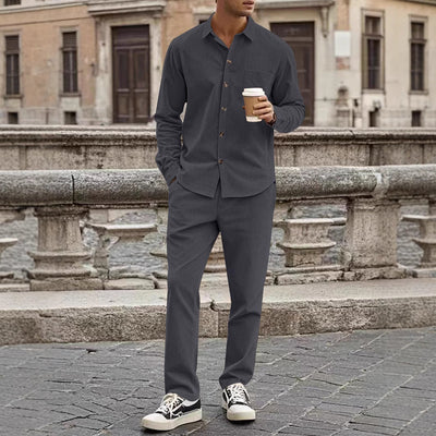 Men’s Shirt and Trousers Set – Corduroy – Relaxed Fit – Button-Up Casual Outfit