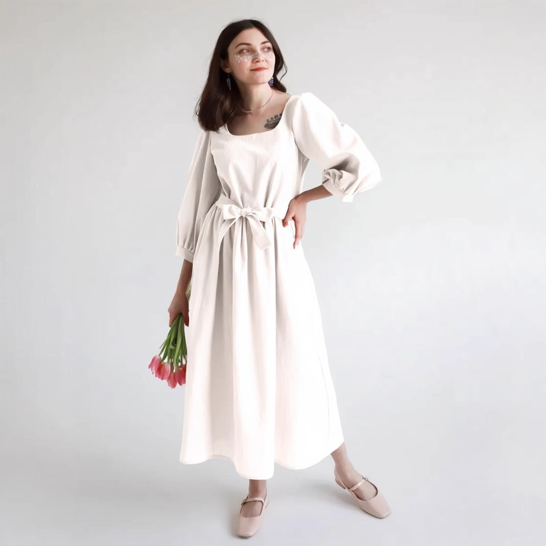 Women’s Long Sleeve Dress – Square Neck – Lightweight Cotton – Loose Fit – Midi Length