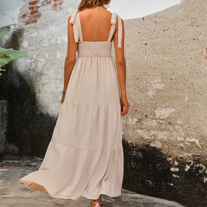 Women’s Maxi Dress – Cotton Blend – Sleeveless Tiered – Relaxed Fit with Tie Straps