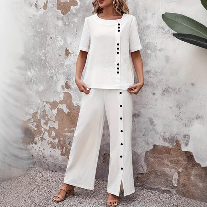 Women’s Two-Piece Set – Relaxed Fit – Wide Leg Trousers – Side Button Detail – Cotton Blend