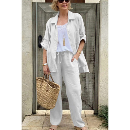 Women’s Shirt – Relaxed Fit – Linen – Button Front – Rolled Sleeve Casual Style