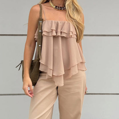 Women’s Sleeveless Top – A-Line Fit – Layered Ruffles – Lightweight Chiffon Feel