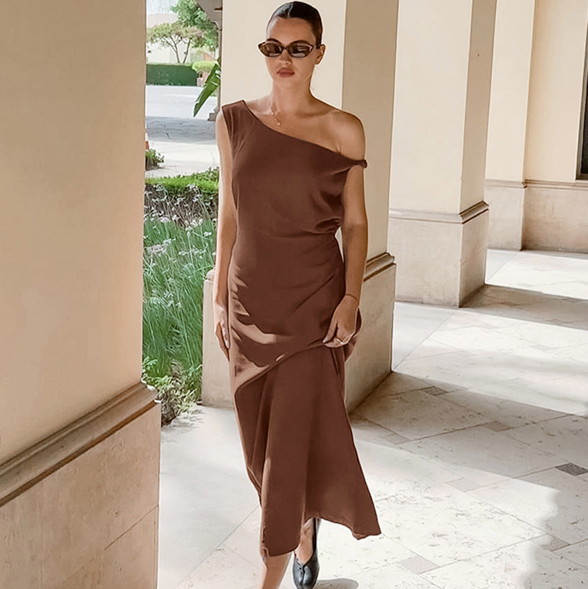 Women’s One-Shoulder Dress – Cotton Linen Blend – Slim Fit – Full Length – Formal Wear