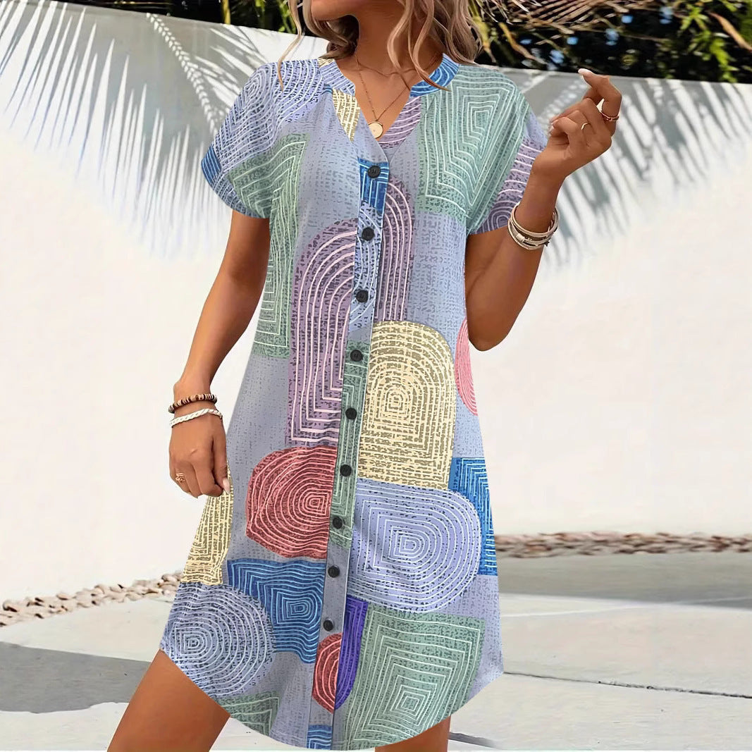 Women’s Dress – V-Neck Button Front – Flowy Cut – Short Sleeve – Geometric Print