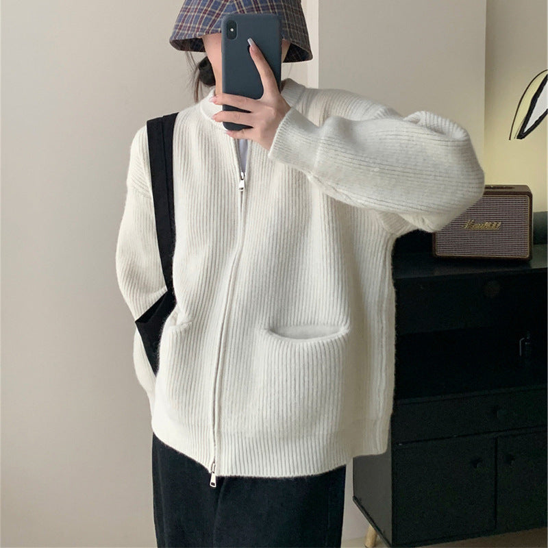 Women’s Knit Cardigan – Oversized Fit – Ribbed Wool Blend – Dual Zipper – Crew Neck