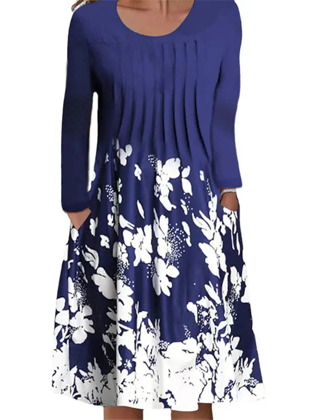 Women’s Casual Dress – A-Line Fit – Cotton Blend – Long Sleeve – Floral Print – Midi Length – Pockets