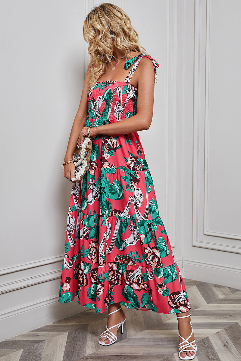 Women’s Maxi Dress – Smocked Bodice – Tie Straps – Tiered Skirt – Backless Elegant Fit