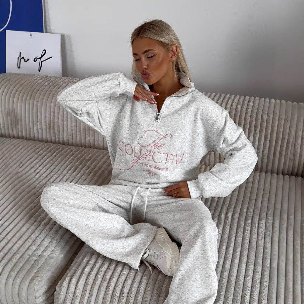 Women’s Sweatshirt – Oversized Fit – Fleece-Lined – Stand Collar Zip – Embroidered Graphic