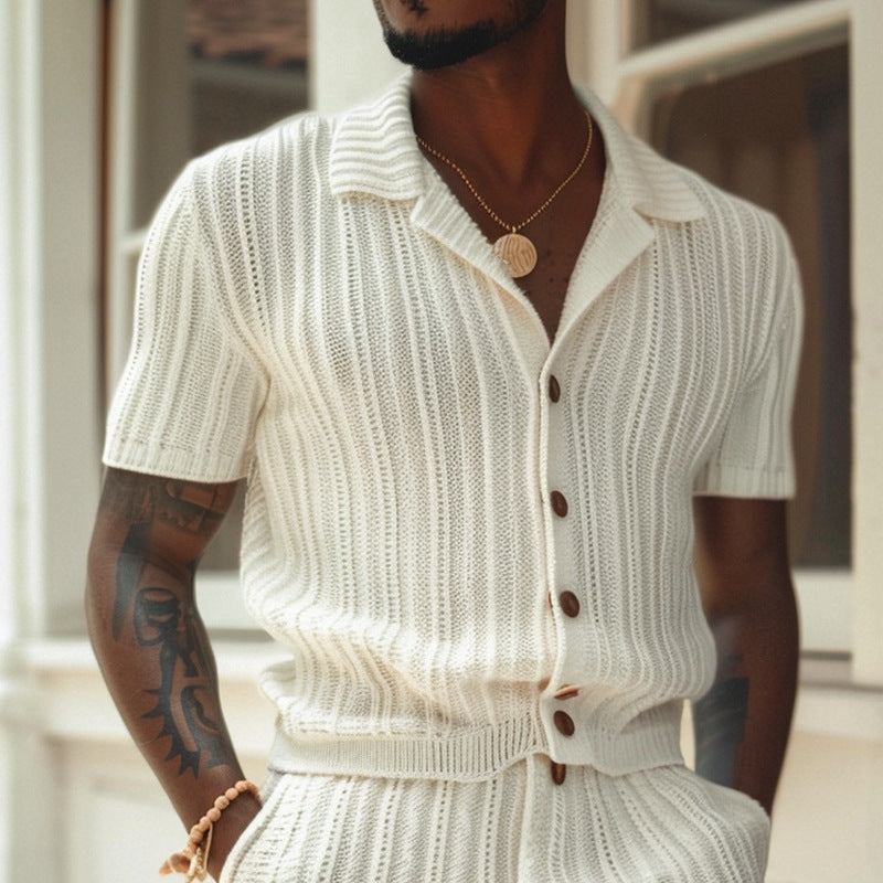 Men’s Knit Shirt and Shorts Set – Slim Fit – Ribbed Texture – Polo Collar – Breathable