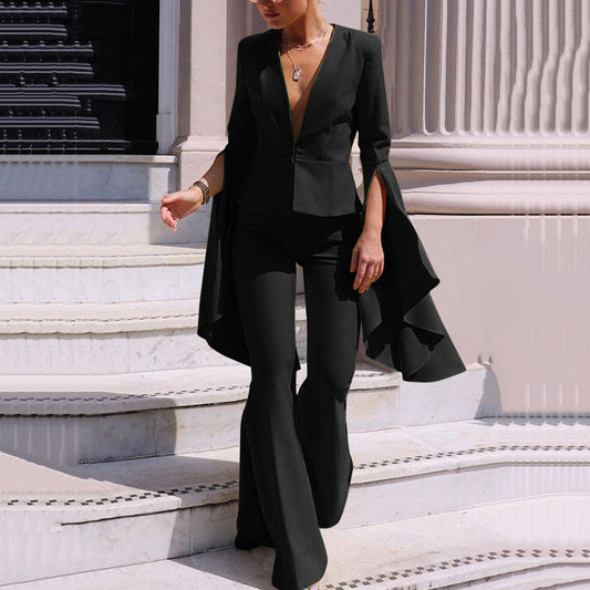 Women’s Two-Piece Set – Tailored Fit – Deep V-Neck – Flared Trousers – Cape Sleeves