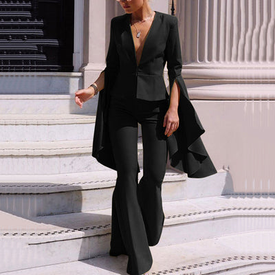 Women’s Two-Piece Set – Tailored Fit – Deep V-Neck – Flared Trousers – Cape Sleeves