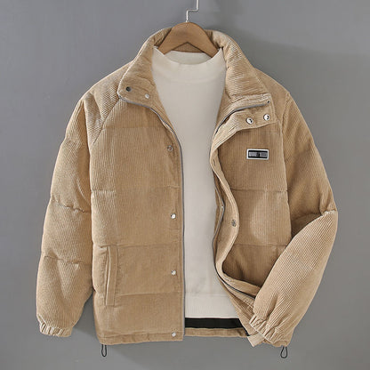 Men's corduroy puffer jacket with standard collar and snaps