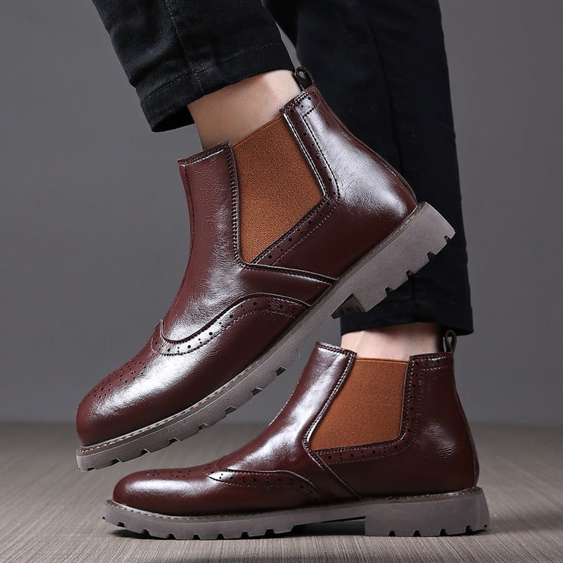 Men’s Chelsea Boots – Polished Leather – Brogue Detailing – Slip-On Ankle Fit